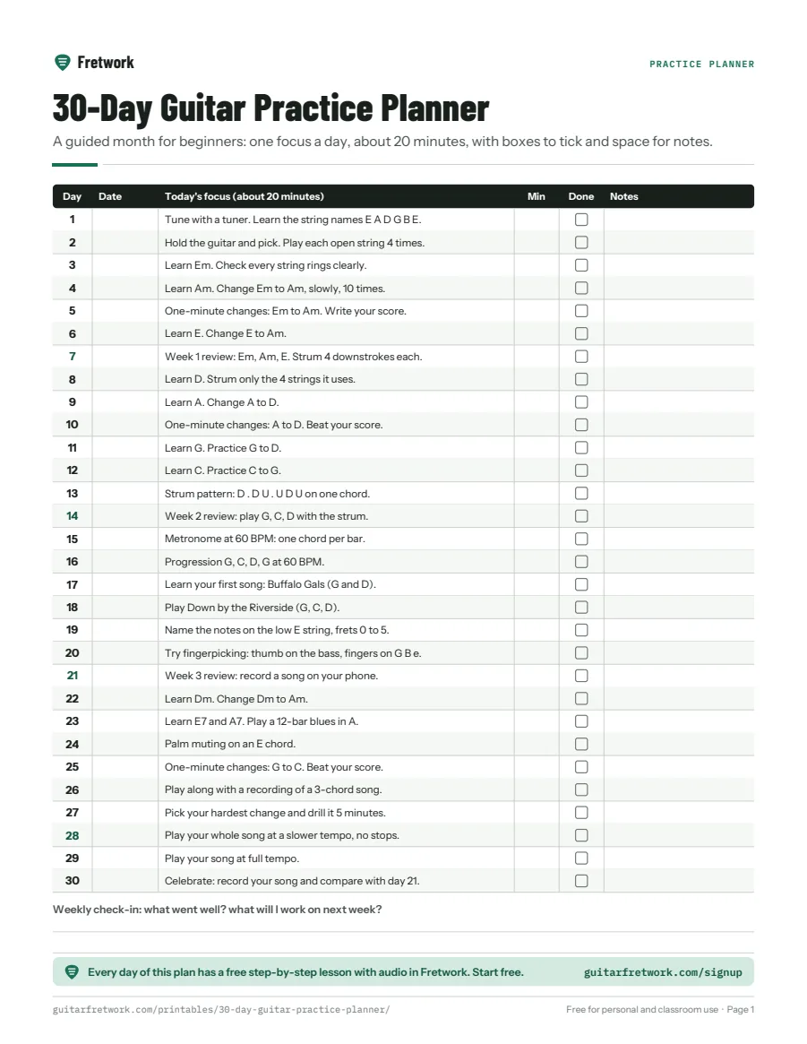 Preview of the 30-Day Guitar Practice Planner