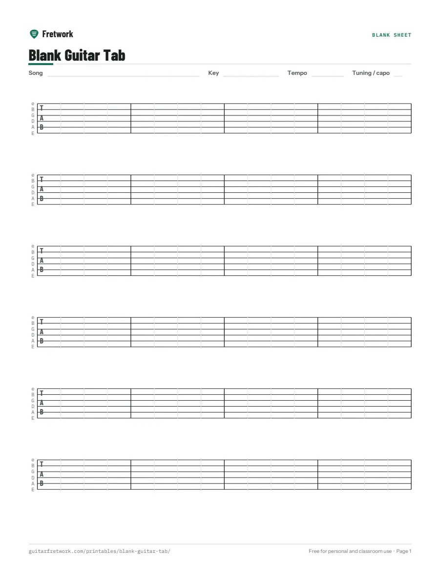 Preview of the Blank Guitar Tab Sheets