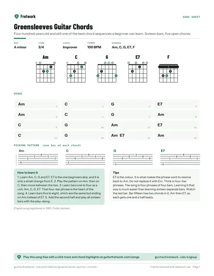 Greensleeves Guitar Chords preview