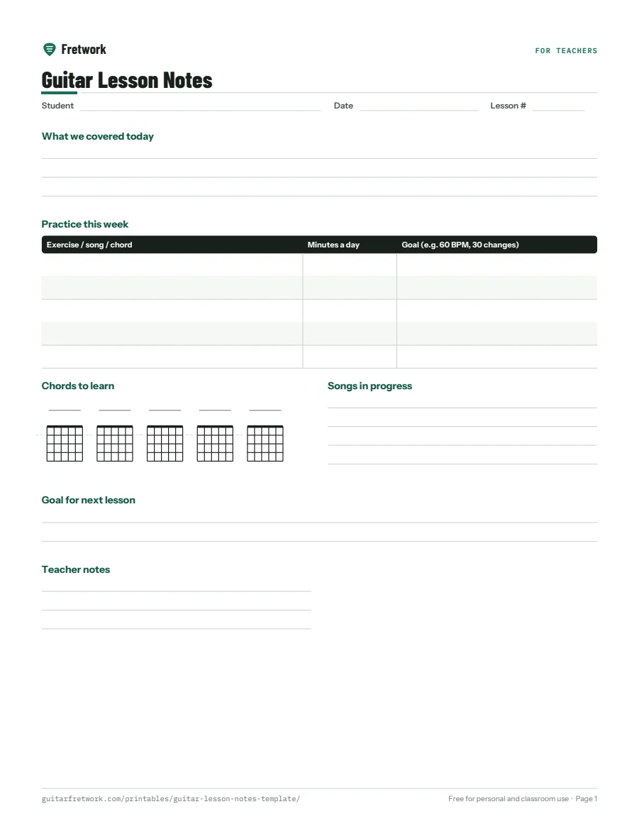 Preview of the Guitar Lesson Notes Template