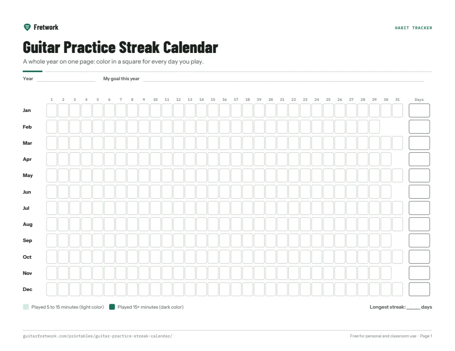 Preview of the Guitar Practice Streak Calendar