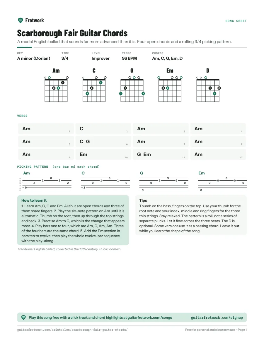 Preview of the Scarborough Fair Guitar Chords