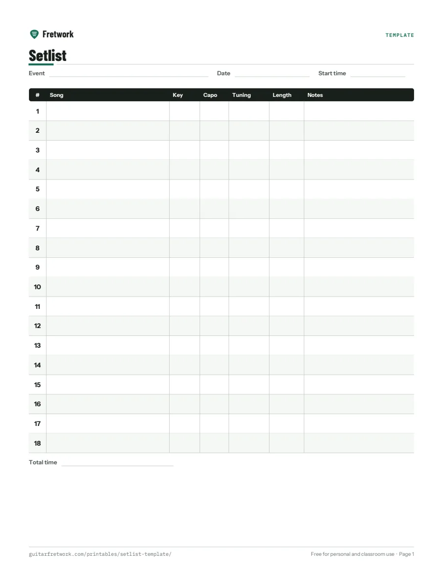 Preview of the Setlist Template