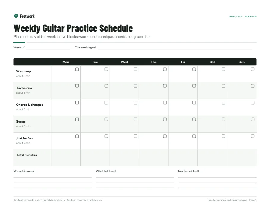Preview of the Weekly Guitar Practice Schedule